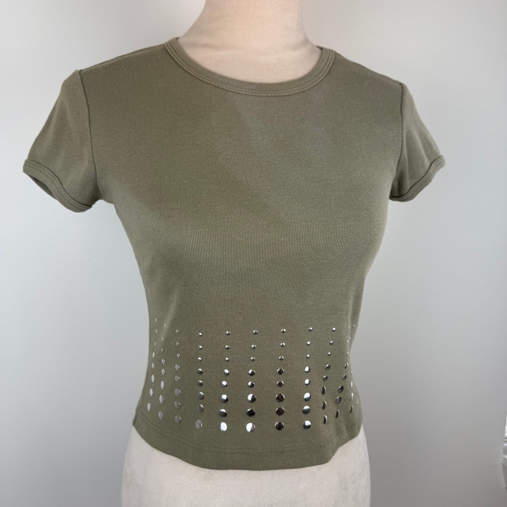 Y2K Krush Olive Green Studded Ribbed Baby Tee Short Sleeve Top Med Made in USA